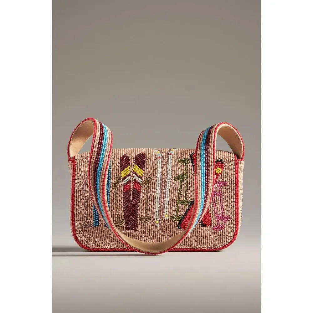 nwt ANTHROPOLOGIE The Fiona Beaded Bag: Winter Icon Edition Skis Motif